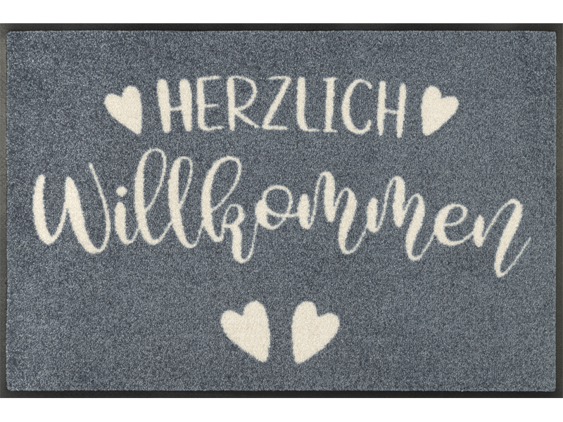 Fußmatte "Herzensgruss" mit Schrift Herzlich Willkommen" und Herzen in grau, weiß