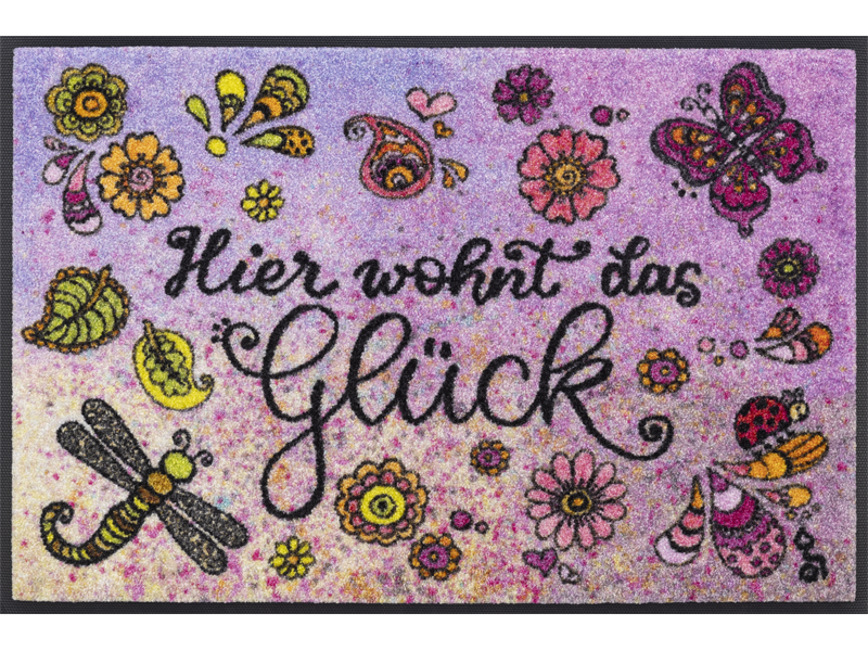 Fußmatte mit Schriftzug "Hier wohnt das Glück" und gemalten Blumen-Tiermotiven